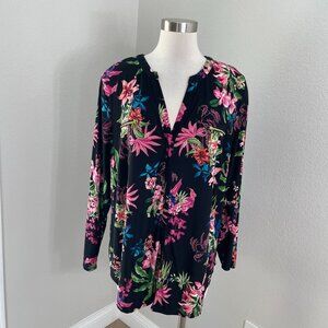 INC Womens Plus 3X Floral Long Sleeve Tunic Top Stretch Blouse V Neck Zip Pocket